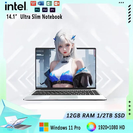 2025 NEW Laptop Windows 11 Intel  J4025 180° Folding Slim Laptop 12GB RAM 512GB 1TB SSD 1920*1080 Office Study Computer PC And Gaming