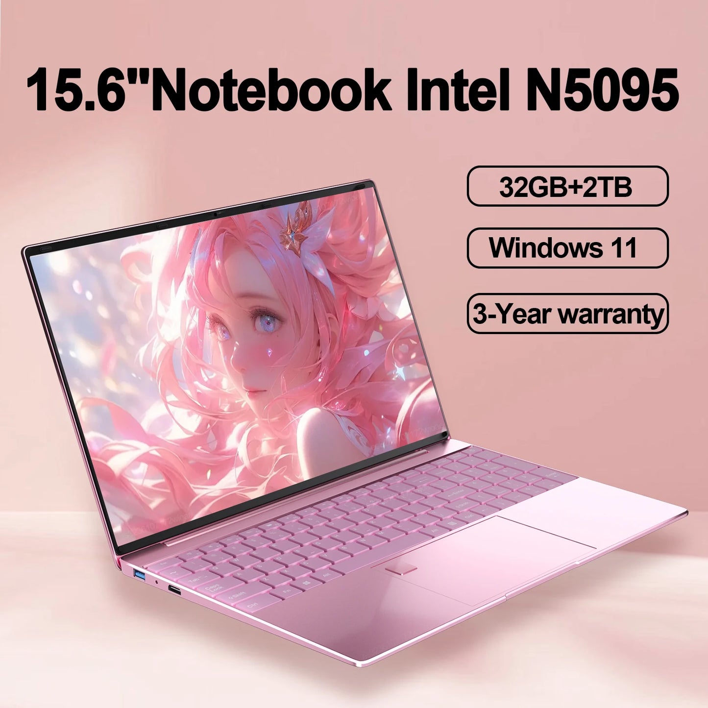 15.6" Portable Laptop 32GB Ram  Intel N5095 DDR4 2TB SSD Windows 11 Notebook Pc GamerOffice Computer with Backlit Fingerprint