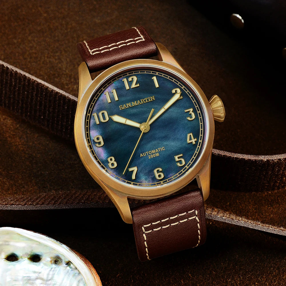 San Martin MOP Dial 42mm CuSn8 Bronze Diver Retro Men Watch PT5000 Automatic Mechanical Watch Sapphire Waterproof 200m Luminous