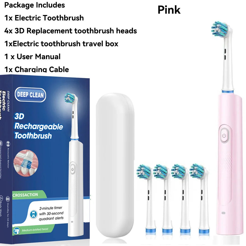 Rotating Electric Toothbrush Black White for Adults with 4 Brush Heads Deep Clean with Rechargeable Power and 2 Min Smart Timer