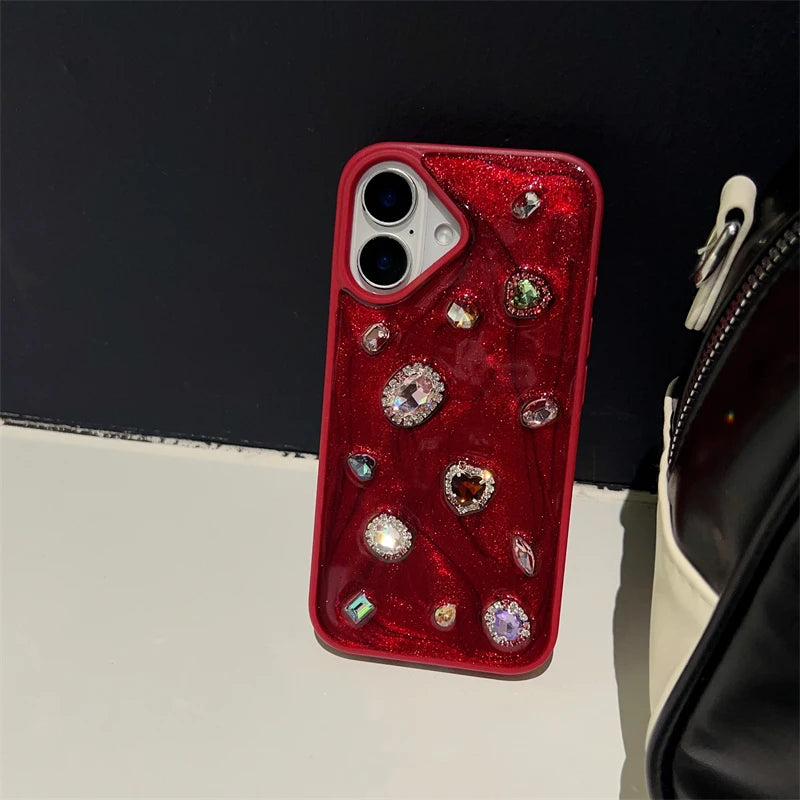 Fashion Luxury Glitter Rhinestone Diamand Phone Case For iPhone 16 Pro Max 15 13 14 12 11 Red Silicone Back Cover