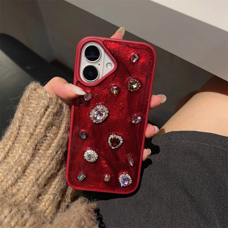 Fashion Luxury Glitter Rhinestone Diamand Phone Case For iPhone 16 Pro Max 15 13 14 12 11 Red Silicone Back Cover