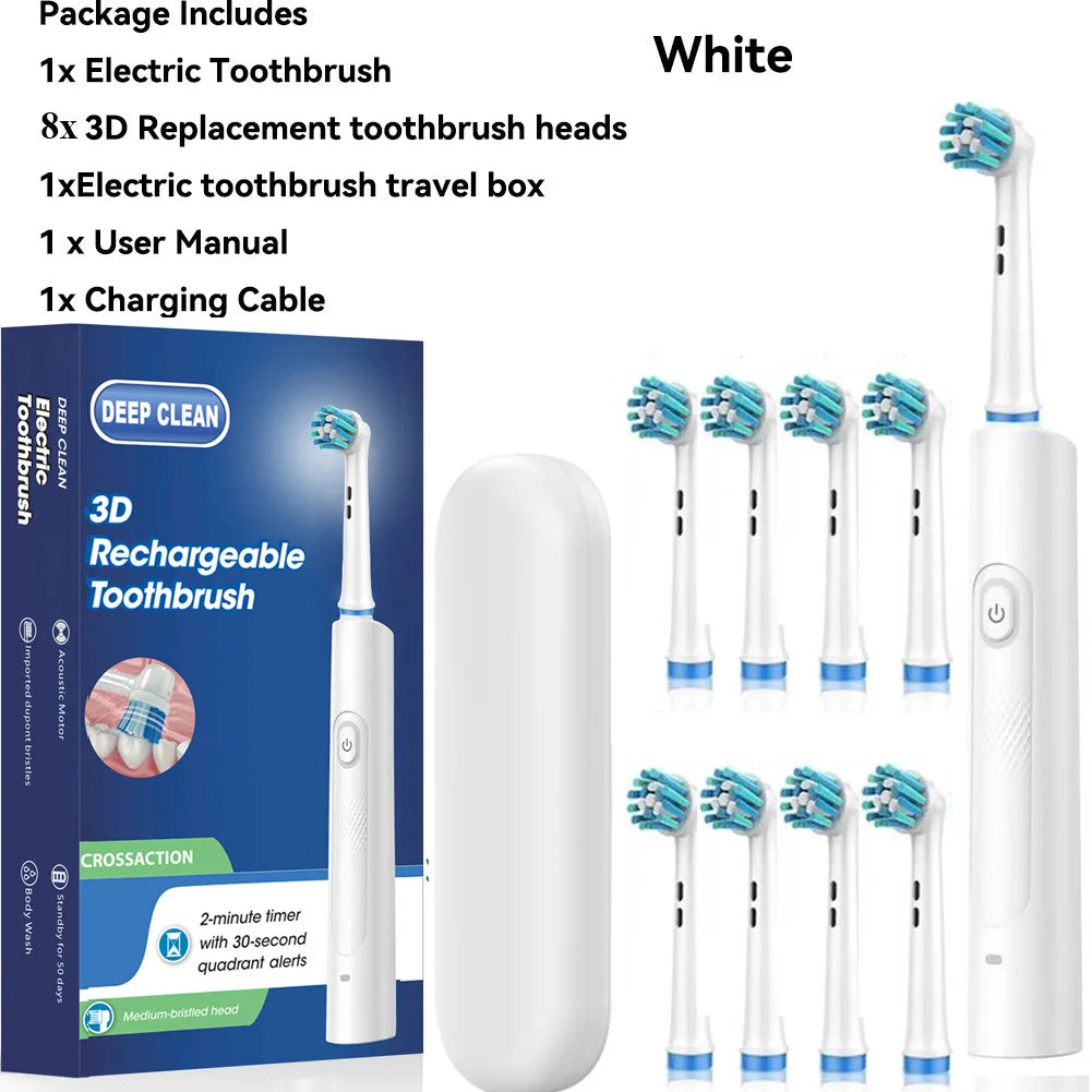 Rotating Electric Toothbrush Black White for Adults with 4 Brush Heads Deep Clean with Rechargeable Power and 2 Min Smart Timer