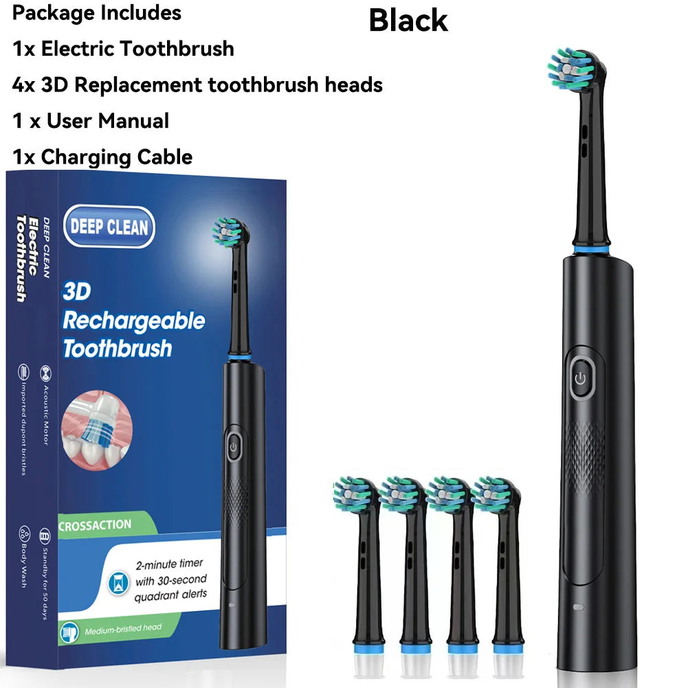 Rotating Electric Toothbrush Black White for Adults with 4 Brush Heads Deep Clean with Rechargeable Power and 2 Min Smart Timer