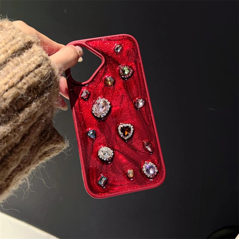 Fashion Luxury Glitter Rhinestone Diamand Phone Case For iPhone 16 Pro Max 15 13 14 12 11 Red Silicone Back Cover