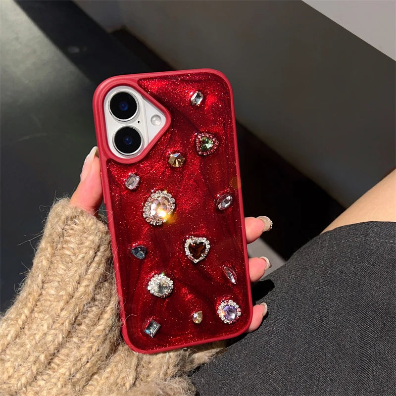 Fashion Luxury Glitter Rhinestone Diamand Phone Case For iPhone 16 Pro Max 15 13 14 12 11 Red Silicone Back Cover