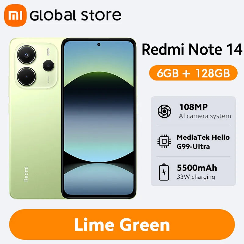 Global Version Xiaomi Redmi Note 14 Smartphone 128GB / 256GB ROM MediaTek Helio G99-Ultra 108MP Camera 6.67" AMOLED 5500mAh