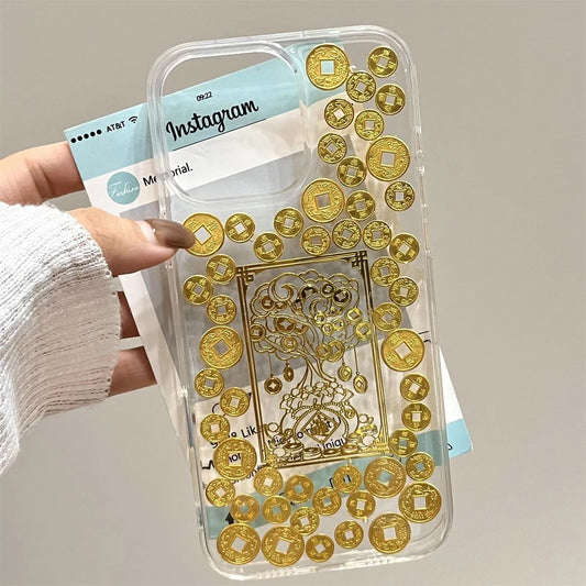 Creative Gold Foil Wealth Tree Transparent Anti Drop Phone Case for iPhone 16 Promax 15 14 13 12 Anti Drop Protection Back Cover