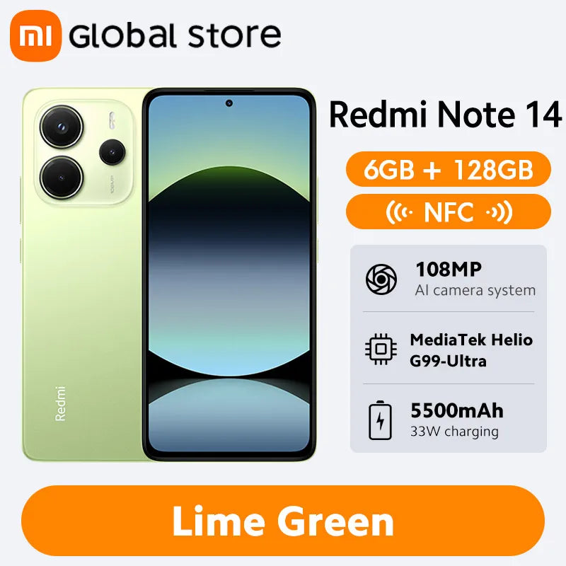 Global Version Xiaomi Redmi Note 14 Smartphone 128GB / 256GB ROM MediaTek Helio G99-Ultra 108MP Camera 6.67" AMOLED 5500mAh