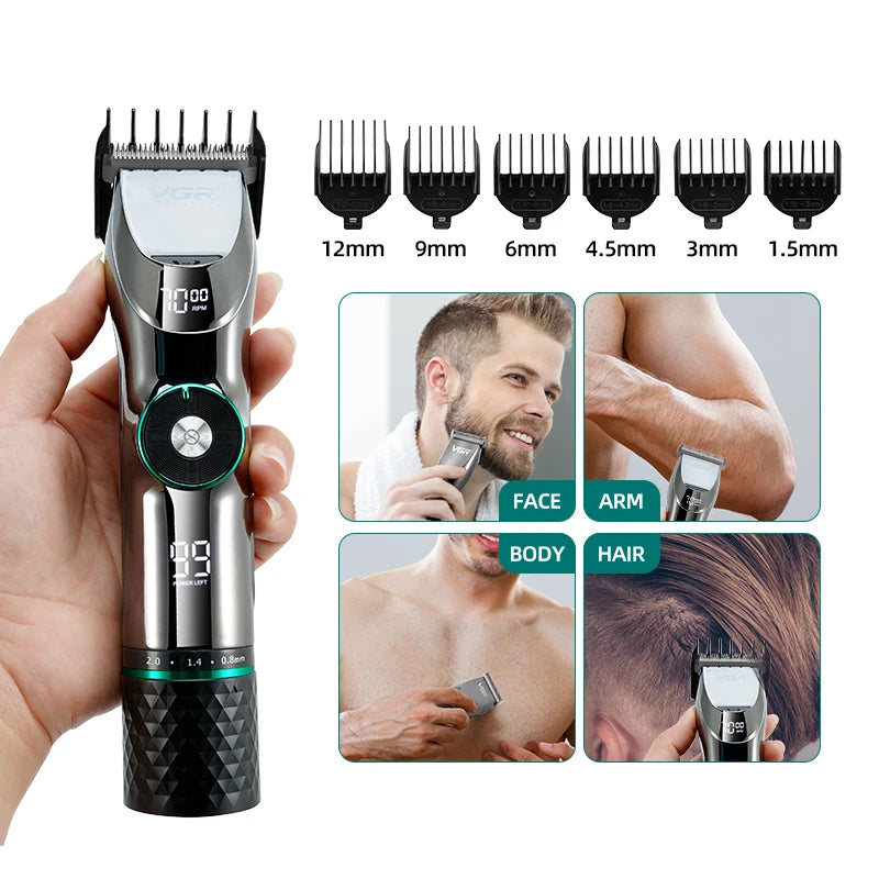 Professional Hair Clipper Ceramic Blade Waterproof Electric Cordless Electric Hair Trimmer LED Display Haircut Machine for Men