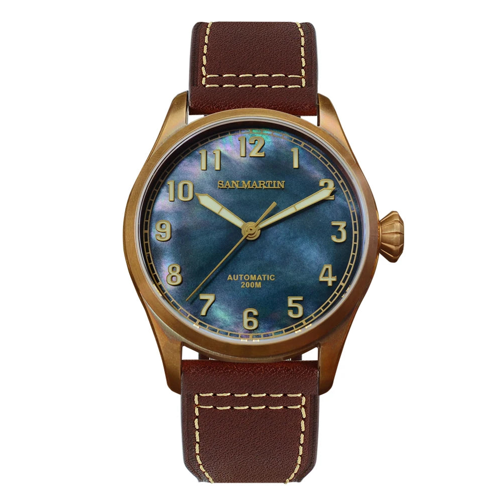 San Martin MOP Dial 42mm CuSn8 Bronze Diver Retro Men Watch PT5000 Automatic Mechanical Watch Sapphire Waterproof 200m Luminous