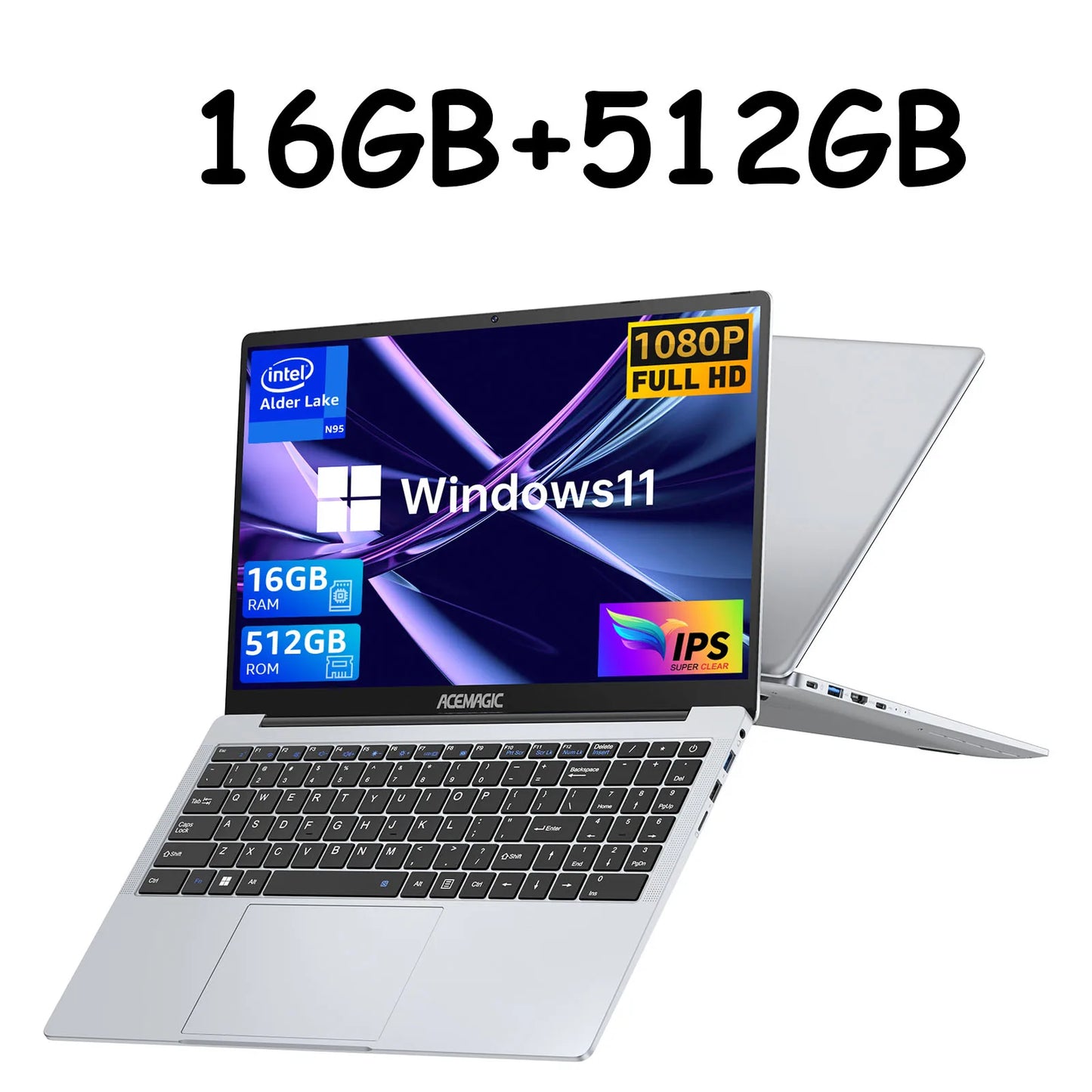 ACEMAGIC 15.6" Ultra Slim Laptop 16GB RAM 512GB SSD Intel N97 Notebook Gamer 1920*1080 Display Office Study Computer Windows 11