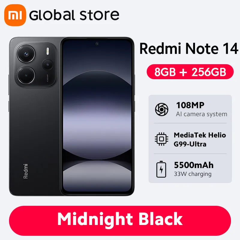 Global Version Xiaomi Redmi Note 14 Smartphone 128GB / 256GB ROM MediaTek Helio G99-Ultra 108MP Camera 6.67" AMOLED 5500mAh