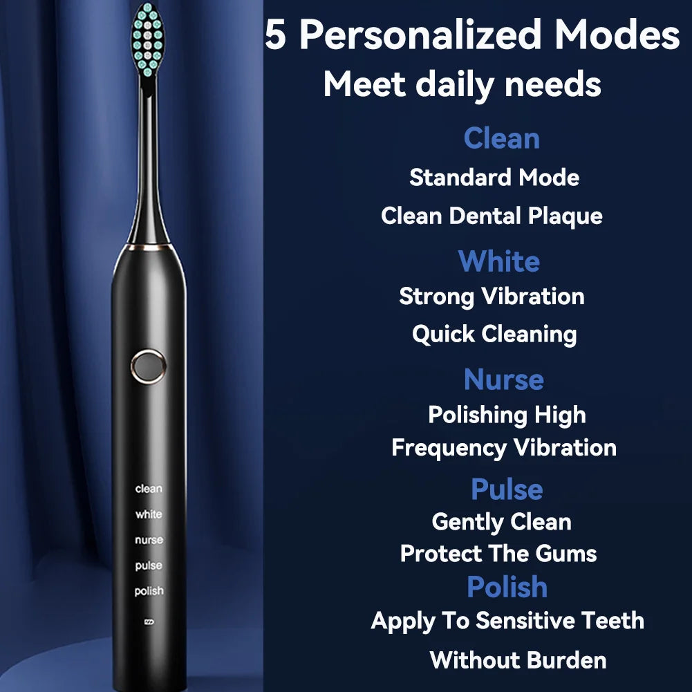 Sonic Electric Adult Toothbrush Rechargeable With 4 Replacement Brush Heads 5 Modes and 3 Intensity 2 Minute Intelligent Timer