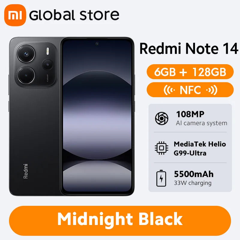 Global Version Xiaomi Redmi Note 14 Smartphone 128GB / 256GB ROM MediaTek Helio G99-Ultra 108MP Camera 6.67" AMOLED 5500mAh