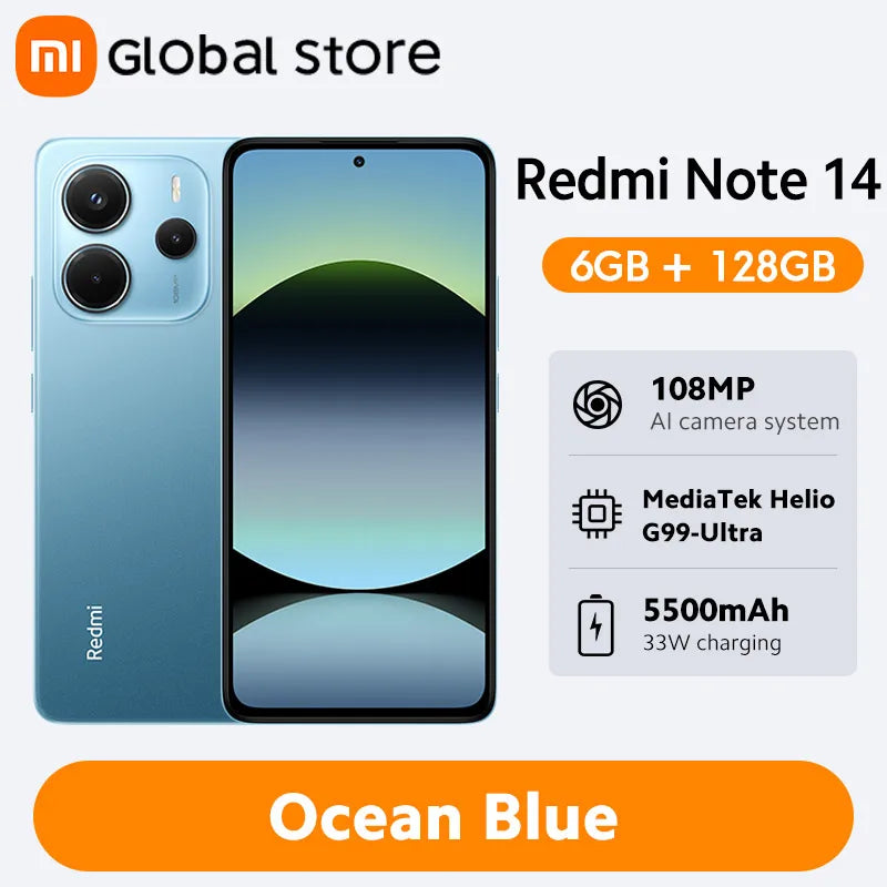 Global Version Xiaomi Redmi Note 14 Smartphone 128GB / 256GB ROM MediaTek Helio G99-Ultra 108MP Camera 6.67" AMOLED 5500mAh