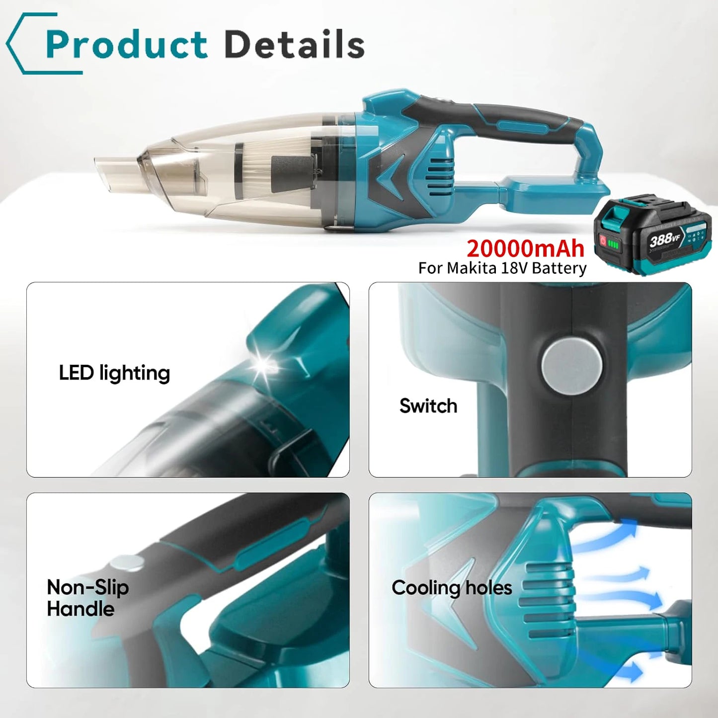 1500W Cordless Handheld Electric Vacuum Cleaner Rechargeable Cleaning Tool for Home Car Pet Hair for Makita 18V Battery