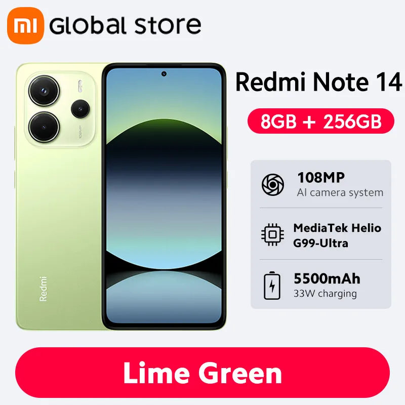 Global Version Xiaomi Redmi Note 14 Smartphone 128GB / 256GB ROM MediaTek Helio G99-Ultra 108MP Camera 6.67" AMOLED 5500mAh