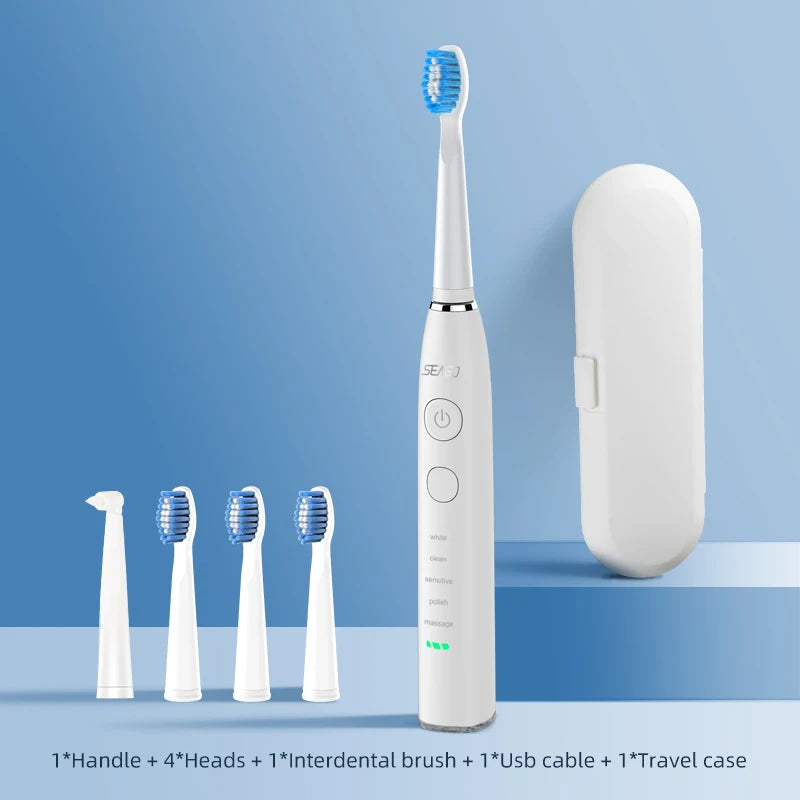 Seago Electric Sonic Toothbrush USB Rechargeable Adult 360 Days Long Battery Life IPX7 4 Replacement Heads Travel Box  SG-575