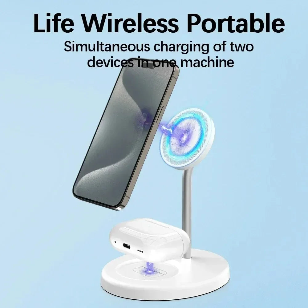 2 in 1 Magnetic Wireless Charger Stand 15W Phone Charging Station Dock For iPhone 15 14 13 12 Pro Max AirPods Fast Chargers