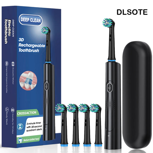 Rotating Electric Toothbrush Black White for Adults with 4 Brush Heads Deep Clean with Rechargeable Power and 2 Min Smart Timer