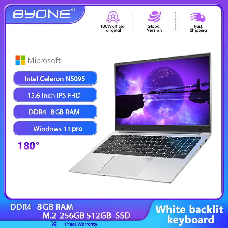 BYONE 15.6 Inch Celeron N5095 Laptop 8GB DDR4 RAM 256GB 512GB SSD Windows 11 IPS Business Ultrathin Portable Notebook Computer