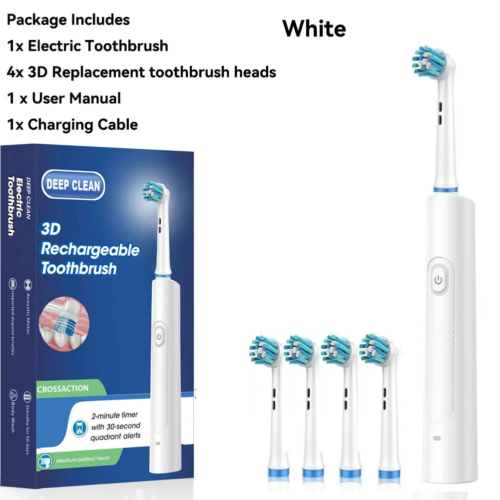 Rotating Electric Toothbrush Black White for Adults with 4 Brush Heads Deep Clean with Rechargeable Power and 2 Min Smart Timer