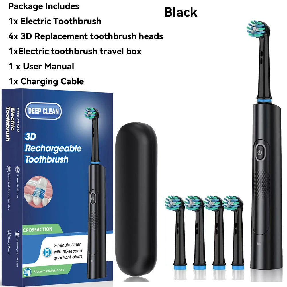 Rotating Electric Toothbrush Black White for Adults with 4 Brush Heads Deep Clean with Rechargeable Power and 2 Min Smart Timer