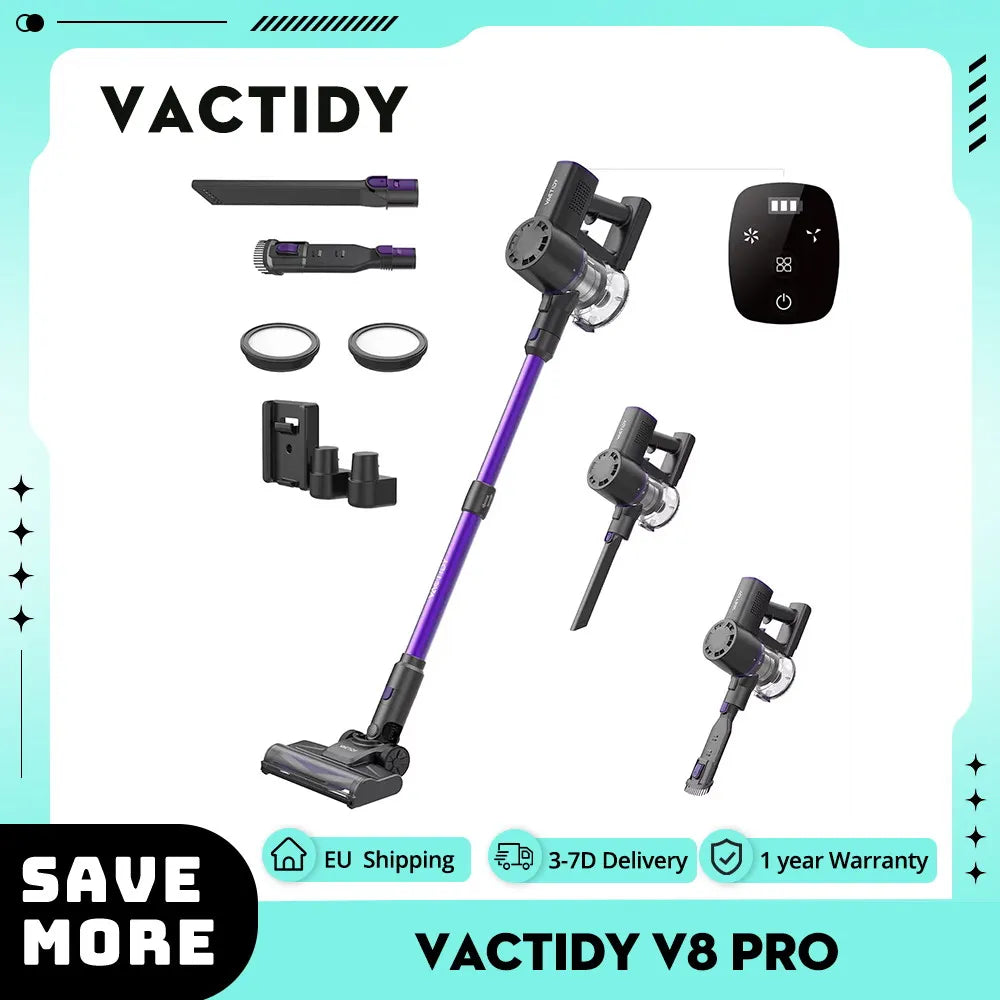 Vactidy V8 Pro Cordless Vacuum Cleaner 25kPa Powerful Suction Cyclonic Filtration System 180° Rotatable Brush Head 35min Runtime