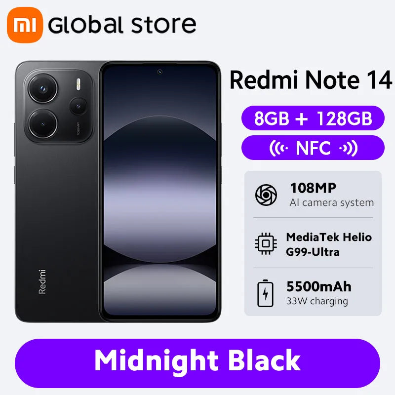 Global Version Xiaomi Redmi Note 14 Smartphone 128GB / 256GB ROM MediaTek Helio G99-Ultra 108MP Camera 6.67" AMOLED 5500mAh