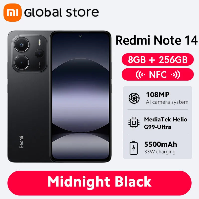 Global Version Xiaomi Redmi Note 14 Smartphone 128GB / 256GB ROM MediaTek Helio G99-Ultra 108MP Camera 6.67" AMOLED 5500mAh