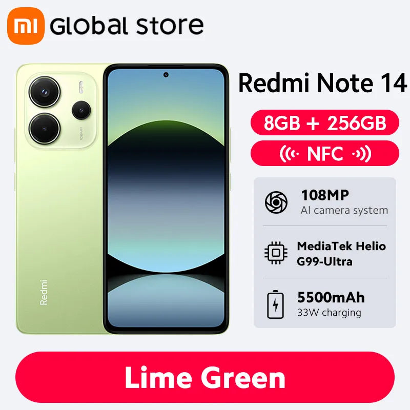 Global Version Xiaomi Redmi Note 14 Smartphone 128GB / 256GB ROM MediaTek Helio G99-Ultra 108MP Camera 6.67" AMOLED 5500mAh