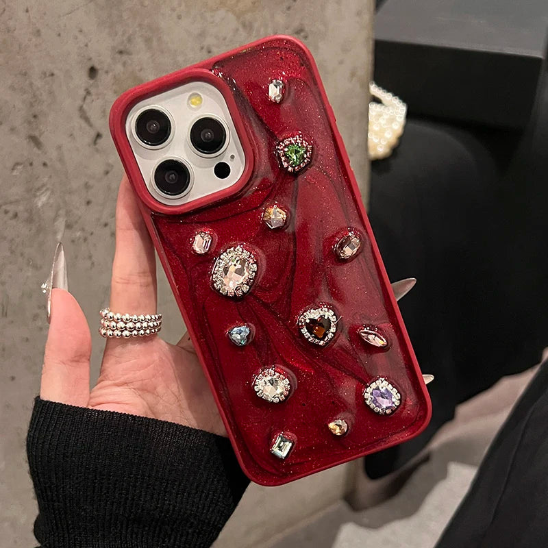 Fashion Luxury Glitter Rhinestone Diamand Phone Case For iPhone 16 Pro Max 15 13 14 12 11 Red Silicone Back Cover