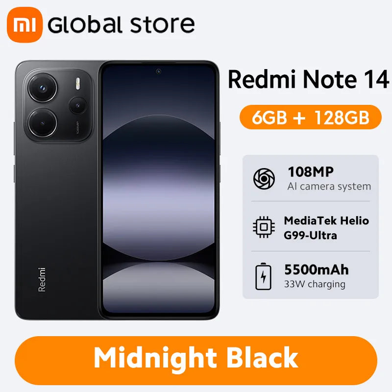 Global Version Xiaomi Redmi Note 14 Smartphone 128GB / 256GB ROM MediaTek Helio G99-Ultra 108MP Camera 6.67" AMOLED 5500mAh